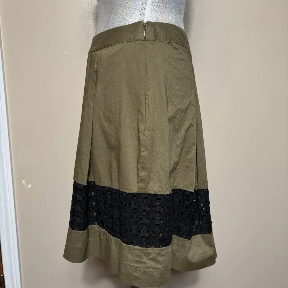Ann Taylor LOFT Olive A-Line Skirt Black Lace Panel Size 0 Office Fall Earthy